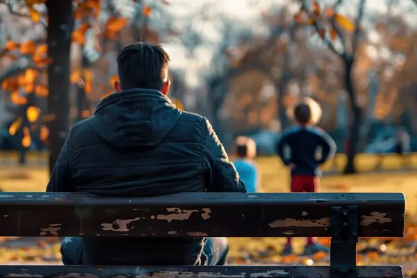 Een vader, op zijn rug gezien, kijkt van een afstand toe vanaf een bankje naar spelende kinderen.