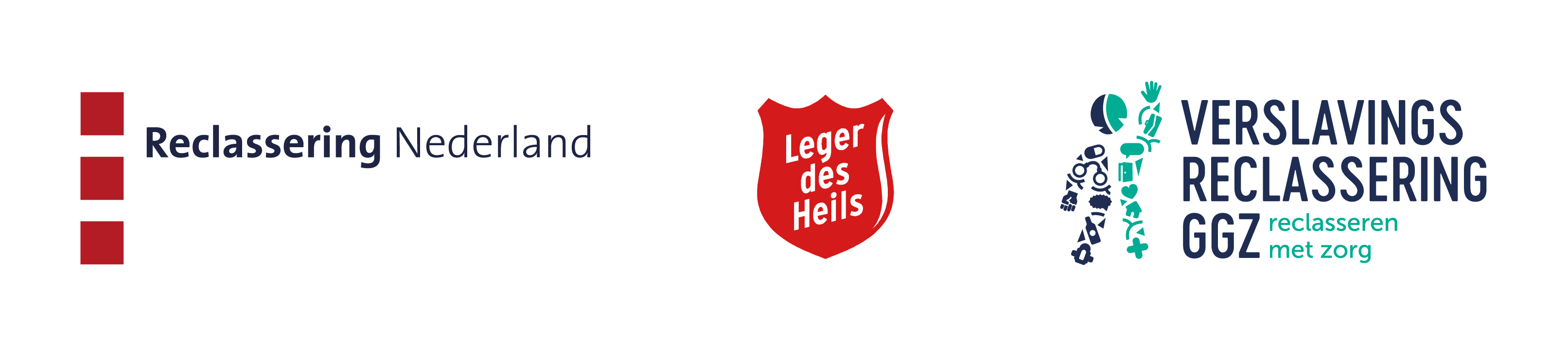 Logo's van de drie reclasseringsorganisaties: Reclassering Nederland, Leger des Heils en Stichting Verslavingsreclassering GGZ (SVG).